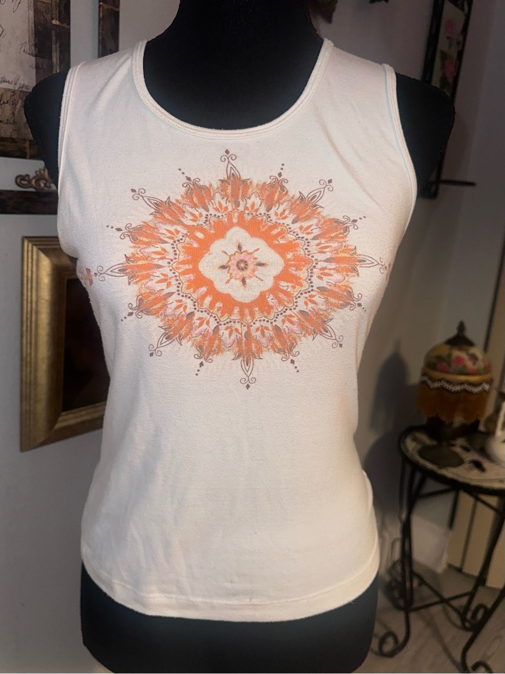 Vtg Y2K Heart Moon Star Orange White Mandala Design Tank Top, M